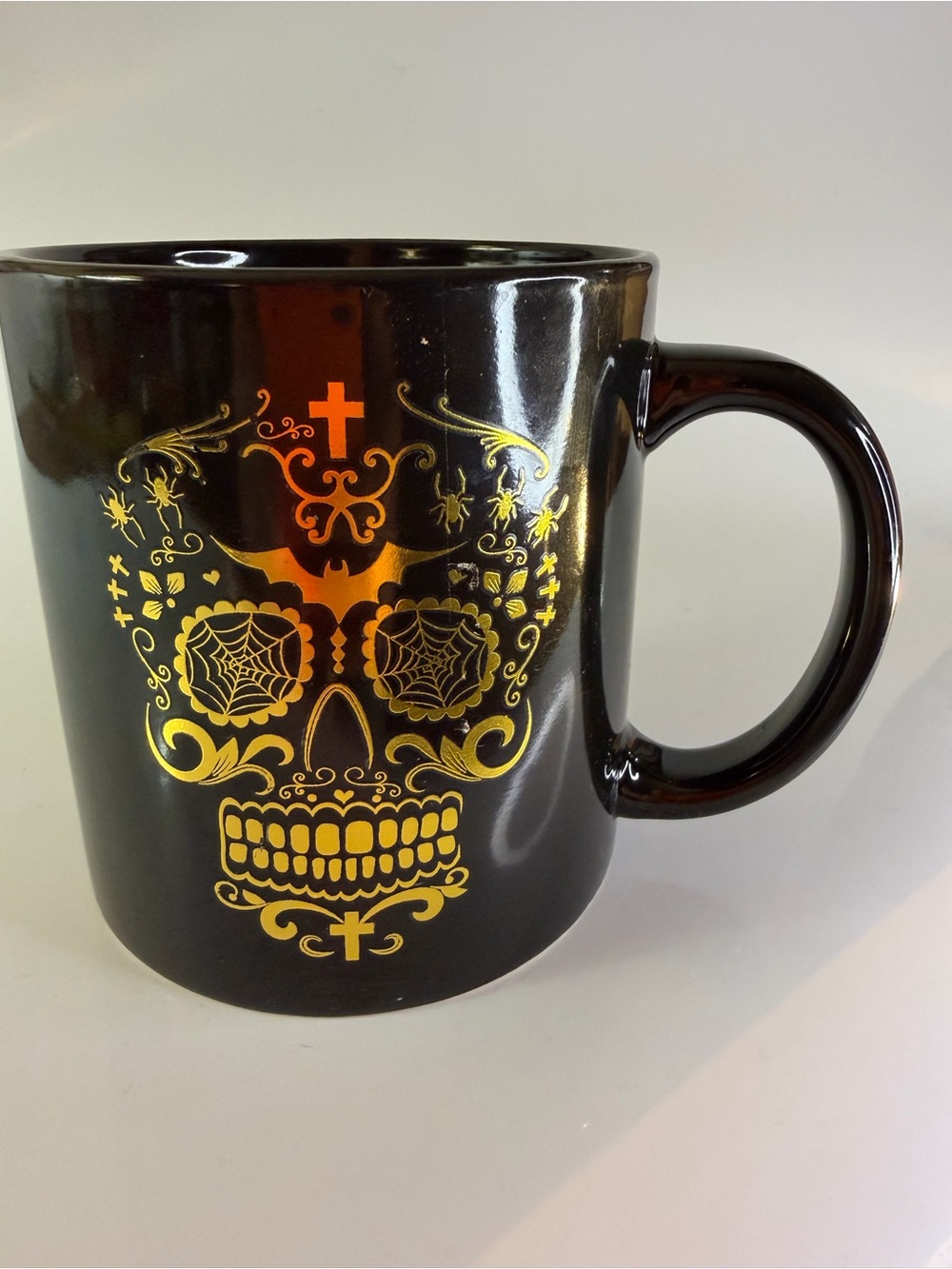 222 Fifth Black and Gold Marbella Sugar Skull Mug w/ Cross Goth Halloween large